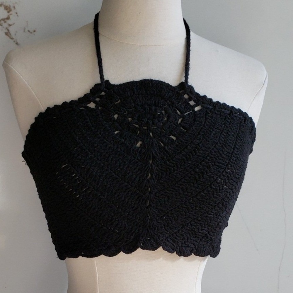 BOG Collective Crochet Halter Top Womens Medium Black Boho‎ Festival Knit